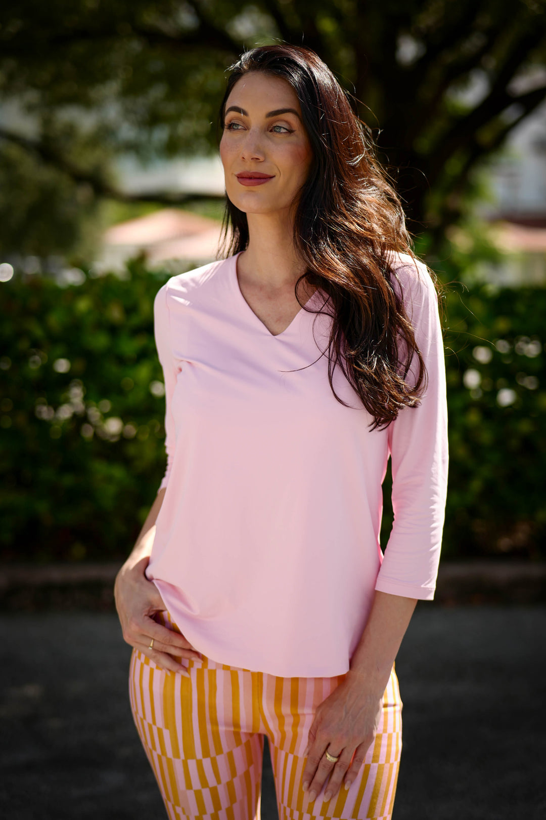 V-Neck Solid Top Rose APPAREL - TOP - SHIRT jeanpierreklifa.com   